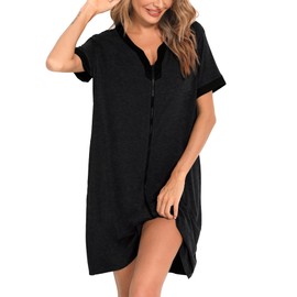 SWOMOG Women Zipper Front House Coat Short Sleeves Robe Zip up Bathrobes Short Nightgown with Pockets S-3XL Black Dark Gray XX-Large