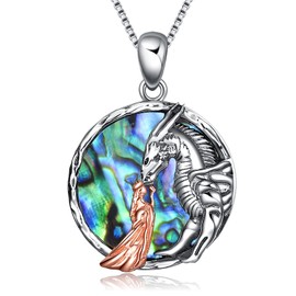 LUHE Dragon Necklace for Women Sterling Silver Women and Dragon Necklace Queen Princess Stroking Dragon Jewelry Gifts From Daughter for Women Teen (A style-Dragon and women necklace with Abalone)