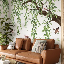 Lilacanthara Large Green Branch Tree Wall Stickers, 3 Sheets Hanging Vine Leaves Branch Wall Decals Peel and Stick Waterproof Wall Murals Decor for Living Room Bedroom (Green, 11.8 * 35.4inch)
