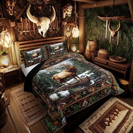 Castle Fairy Wildlife Animals Hunting Comforter/Duvet Set,Jungle Leaves Plants Ultra Soft Bed Collection,Elk Deer Bedding for Room Decor 3 Pcs,Microfiber Breathable,King