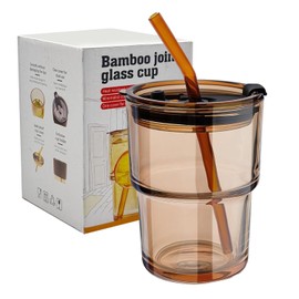 LEKAYIHU 13oz/400ml Glass Tumbler with Straw and Lid, Iced Coffee Cups with Lids, Iced Tea, Thick Wall Insulated Glass Cup,Reusable Iced Coffee Cup (Amber)