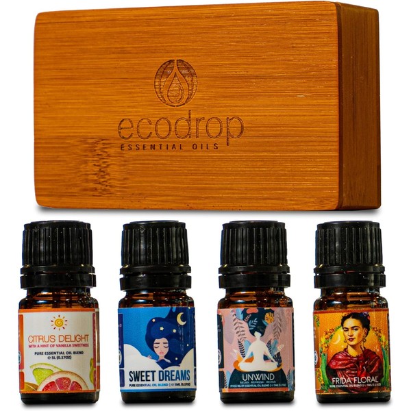 Ecodrop Calming Oil Blend Collection - 4X 5ml Bottles Set | Pure, Natural & Organic Therapeutic Grade Aromatherapy Lavender, Ylang Ylang, Bergamot & Vanilla Essential Oil Blends Diffuser Gift Kit