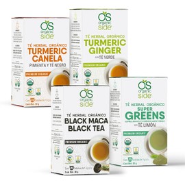 Organic Side - Pack de 4 Té Orgánico Colección Bienestar 80 Bolsitas, Incluye Té Negro con Cúrcuma, Té Verde con Jengibre, Mezcla Super Greens con Moringa y Té Negro con Maca Negra, Certificado USDA