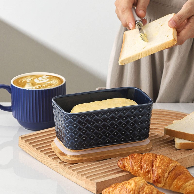Hasense Ceramic Butter Dish with Bamboo Lid, Large Butter Container