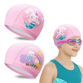 CULEO Swimming Caps,2 pieces children's swimming cap girls waterproof PU fabric baby swimming cap equipment professional ear protection cap
