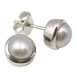 SilverStarJewel Sterling Silver Cabochon Pearl June Birthstone Earrings 0.8cm Ladies Gift, Metal Gemstone, Pearl