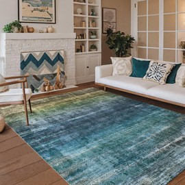 Kokia Abstract Area Rugs 9x12 Bedroom Washable Decor Low Pile Non-Slip Non-Shedding Indoor Blue Carpet Foldable Stain Resistant Floor Living Room Dining Room, Oslo Teal