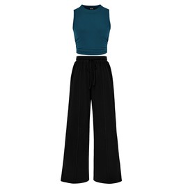 BTFBM Women's 2 Piece Lounge Set Ribbed Tank Top Wide Leg Pants Two Piece Sets Summer Travel Vacation Airport Outfits(Solid Lake Blue Black, X-Large)