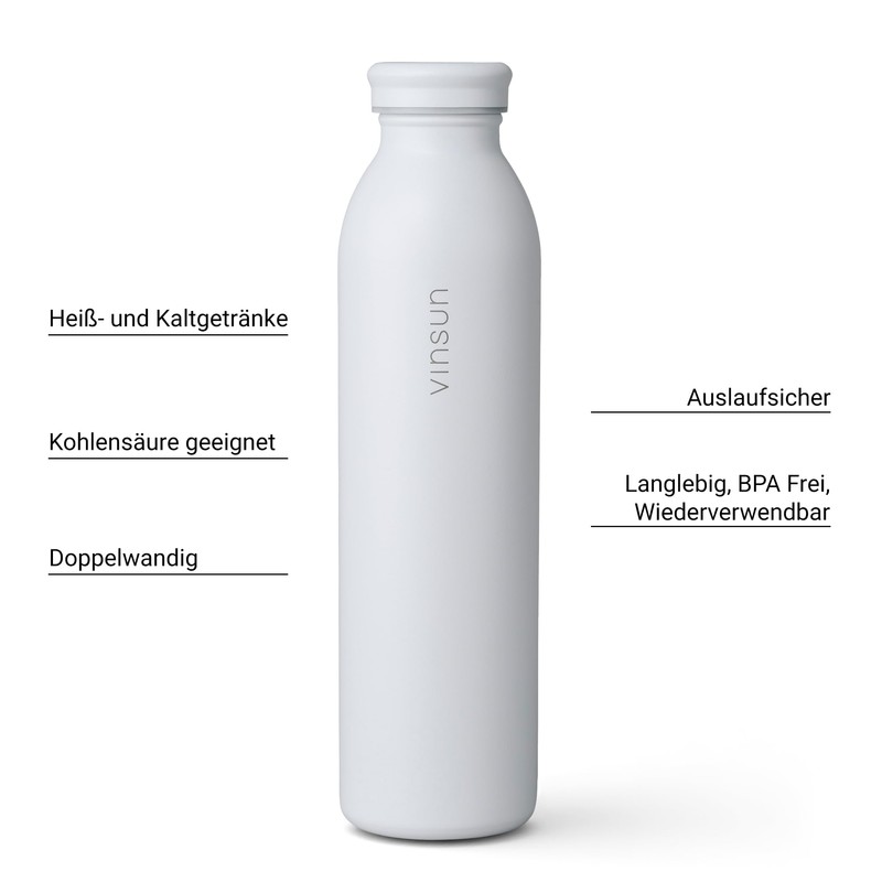 Vinsun Stainless Steel Drinking Bottle, 600 ml, White, Leak-Proof, Suitable