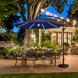 Yaheetech 10 FT Solar Powered LED Patio Umbrella Outdoor Cantilever Umbrella, UV Protection & Windproof, Offset Hanging Sunshade w/Strip Lights & Hub Light for Backyard Garden Pool, Navy Blue