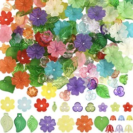 SUNNYCLUE 1 Box 500Pcs Acrylic Flower Beads Kit Flowers and Leaves Beads Set Cute Green Leaf Colorful Floral Blossom Caps Spring Themed Spacer for Jewelry Making DIY Necklace Bracelet Crafts Women