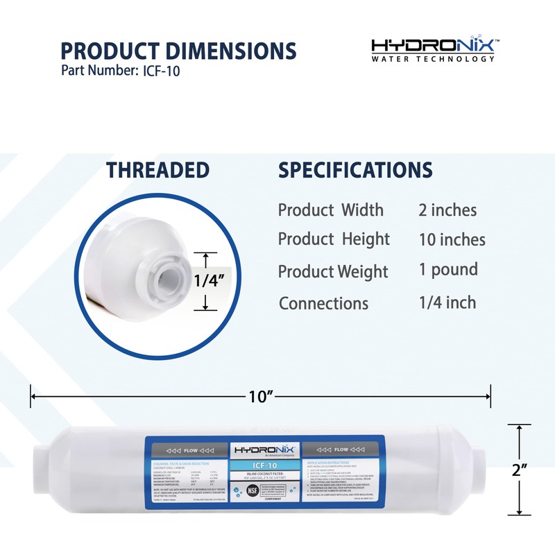 Hydronix ICF-10 Inline Post Activated Carbon Water Filter Replacement Cartridge