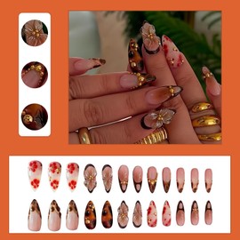 Leopard Print French Tip Press on Nails Medium Almond Fake Nails with 3D Gold Pearl Designs Glossy Red Flower Glue on Nails Reusable Autumn Winter Brown Flower Stick on Nails for Coquette Women 24Pcs