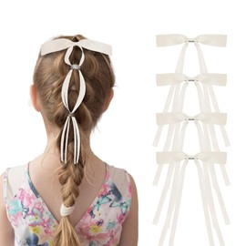4PCS Off-White Hair Bows for Women Silky Satin Barrettes Long Tail Hair Bow Ribbon Women Accessories for Daily, Prom, Back to School