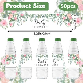 URROMA Baby Shower Water Bottle Labels, 50Pcs Waterproof Drink Wrappers Green Leaf and Pink Flower Bottle Stickers for Baby Shower Party Decor