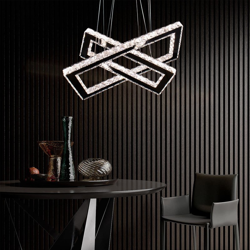 Dimmable Crystal Chandelier, Modern Rectangular 2 Ring LED Pendant Light