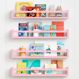 Forbena Large Kids Bookshelves for Girls Room Set of 4, Floating Book Shelves for Baby Girl Nursery Wall Deocr, 24 Inches Long Wall Mounted Bookshelf for Toddler Kid Child Teens Bedroom (Pink)