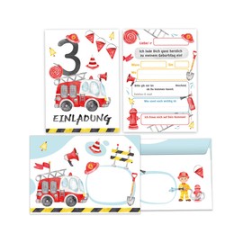 Junapack 12 Invitation Cards Including 12 Envelopes for Children's 3rd Birthday Party Boys Fire Brigade Fire Engine