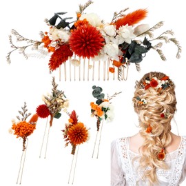 Suncalla 5 Pcs Burnt Orange Dried Flower Hair Pins for Wedding Baby Breath Comb with Eucalyptus Leaves Fall Hair Accessories Bulk for Women Girls Bride Bridesmaid Bachelorette