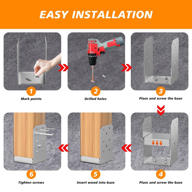 4"x4" Post Base Bracket (Internal 3.5"x3.5")，4 Pcs Stainless Steel Adjustable