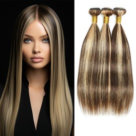 Highlight Human Hair Bundles P4/613 Human Hair Bundles Ombre Blonde Straight Bundles Two Tone Brown Mixed With Blonde Bundles Double Weft Soft and Silky Bundles for Black Women (26 28 30 Inch)