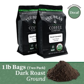 The Bean Organic Coffee Company Water Processed DECAF Caramel, Medium Roast, Ground Coffee, 16-Ounce Bag, Café Molido Tostado Orgánico descafeinado