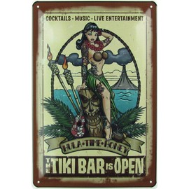 Ontrada Tin Sign 20 x 30 cm Curved Tiki Bar Open Cocktail Vintage Decorative Gift Sign