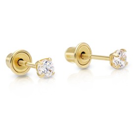 14k Yellow Gold Tiny Cubic Zirconia Small CZ Solitaire Stud Earrings with Screwback (2.5mm)