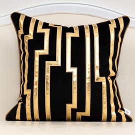 Alerfa Geometric Striped Pillow Cover 18x18 Inch, Luxury European Gold Leather Embroidery Decorative Throw Pillow Cover for Couch Living Room Bedroom, Black Gold