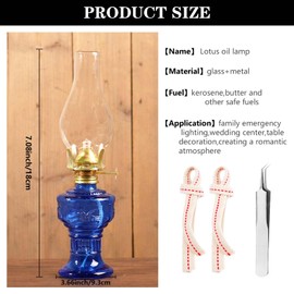 Kerosene Oil Lamp,1 Vintage Kerosene Lamp,1 Tweezers and 2 Wicks,Glass Hurricane Lantern for Indoor Lighting Decoration Outdoor Camping Use (Dark Blue)
