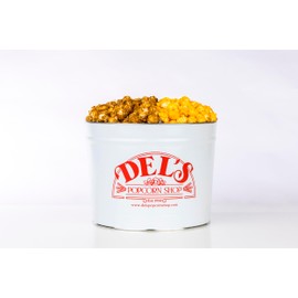 2 Gallon Popcorn Tin Gift - Half Cheese/Half Caramel Gourmet Popcorn Gift Tin - Del's Popcorn Shop
