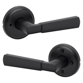 Kwikset Perth Interior Privacy Door Handle with Lock, Door Lever for Bathroom and Bedroom, Matte Black, Reversible Keyless Push Button Lock Door Lever, with Microban Protection