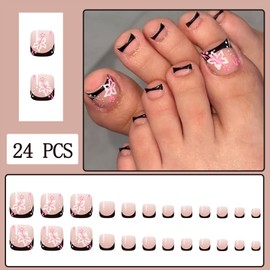 Black French Tip Press-On Toenails Short Square False Toenails White Hibiscus Flower Pattern Full Coverage Summer Black Artificial Toenail Stickers Women Girls Nail Art 24 Pieces