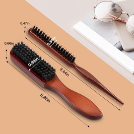 Boar Bristle Brush, 2 PCS Boar Bristle Hair Brush, Bristle Hair Brush, Slick Back Hair Brush for Women Men, Wet Hair Brush, Rat Tail Comb, Teasing Comb Edge Beard Brush for Slicking Hair Beard (A)
