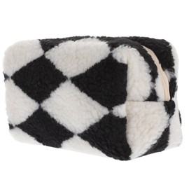 FOMIYES Plush Checkerboard Makeup Bag Large Storage Bag for Travel Women's Fuzzy Cosmetics Case
