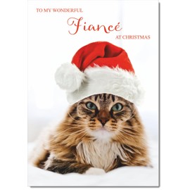doodlecards Fiance Christmas Card Cat with Santa Hat Medium Size Christmas Card for Fiance with Plain Envelope