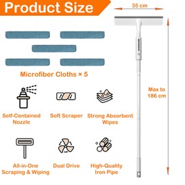 MIYIMORE 3-in-1 Window Cleaning Squeegee with Spray – Dual-Sided Glass Cleaner with Multi-Section Handle (Up to 73.3"), 5 Microfiber Cloths & Wall Clip for Home, High Windows, and Car Use