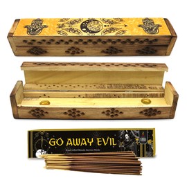 SOUL STICKS Handmade Carved Incense Burner Wooden Coffin Box with Storage Includes Go Away Evil Incense Sticks (Yellow Hamsa Hand)