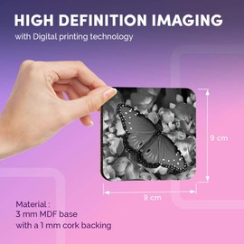 Destination Vinyl ltd Great Coasters (Set of 4) Square - BW - Elegant Queen Butterfly Hydrangeas Drink Glossy Coasters/Tabletop Protection for Any Table Type #37594