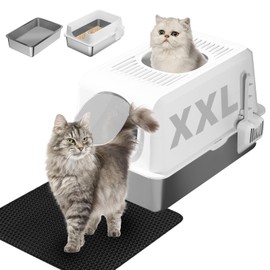 Upgrade Side & Top Opening Stainless Steel Litter Box, Enclosed Litter Box with Lid, XL Extra Large Metal Litter Box for Big Cats, High Wall Sides Covered Litter Box with Scoop and Mat, Odorless