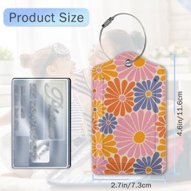 Groovy Daisy Flowers PU Lether Luggage Tags,2 Pack PU Cute Suitcase Tags with Stainless Steel Loop and Address Card Baggage Tag for Travel