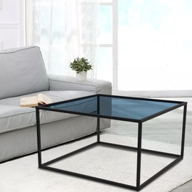 inoseen Coffee Table Modern Glass Coffee Tables Square Metal Simple Center Table for Living Room Home Office 26.5 x 26.5 x 15.7 in Gray Black