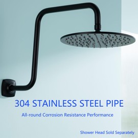 SWHYGER S Shape Shower Extension Arm with Flange, Stainless Steel High Rise Shower Head Extender Pipe, Horizontal Extension Standard 1/2" Connection- Bathroom Accessory, 16 Inch (Matte Black).