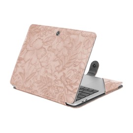 MOSISO Case Compatible with MacBook Air 13.6 inch M4 M3 M2 2025-2022 /Air 13 M1 2022-2018 /Pro 13 M2 M1 2025-2016, Embossed Retro Hibiscus PU Leather Portfolio Protective Stand Cover, Pink