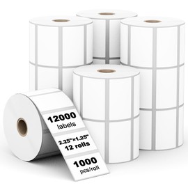 (12,000 Labels/12 Rolls) Labelebal 12 Rolls,1000/Roll -Zebra 2.25" X 1.25” Direct Thermal Labels - Perforated Stickers for Barcode Address, Compatible with Zebra & Rollo & MUNBYN Desktop Printer