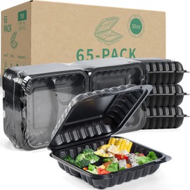 YANGRUI To Go Containers, Reusable 65 Pack 7.8 Inch BPA Free Black Clamshell Food Container 30 oz Shrink Wrap 3 Compartment Freezer and Microwave Safe MFPP Take Out Boxes