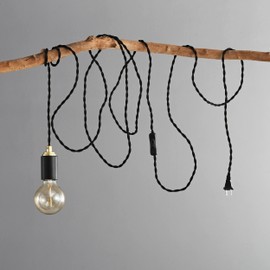 BRIGHTTIA - Black & Gold Plug-in Pendant Light - Portable Industrial Vintage Lamp with 15Ft Twisted Fabric Cord and Plug for Rental Apartments & Growing Plants (BP0030-1BGP)