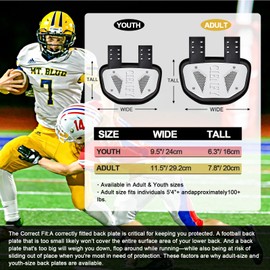 Football Back Plate for Shoulder Pads, Backplate Youth and Adult Football Players, Hard Shell Lower Back Protector with Contoured Foam, High-Impact Protection