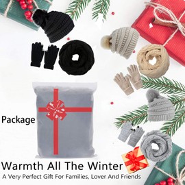 Yutdeng Winter Cable Knit Hat Scarf and Gloves Set Beanie Hat Outdoor Sports Touchscreen Gloves & Loop Scarf 3 Pcs Cold Weather Warm Set for Women,Grey