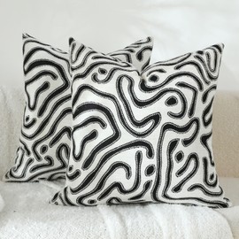 iUtoliz Black and White Pillow Covers, 18x18 Inch Neutral Square Decorative Throw Pillow Cover Modern Geometric Striped Soft Chenille Cushion Case for Couch Sofa Bed Decor, Pack of 2